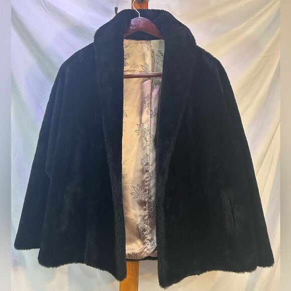 Vintage 60s Black Swing Coat Faux Fur Old Hollywood Glam Princeton's O'llegro OS - Picture 1 of 11